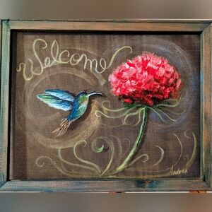 Welcome Hummingbird & Hydrangea Wall Art